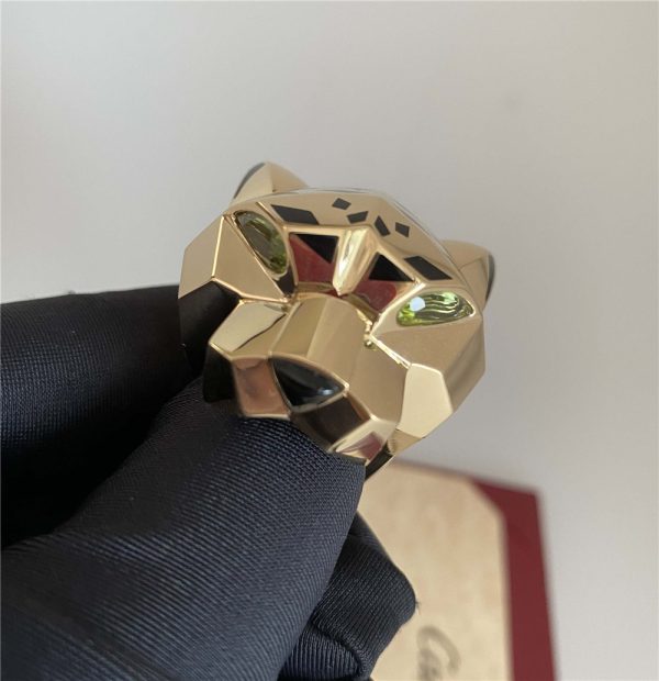 Panthere De Cartier Pure 18K Yellow Gold Ring with Lacquer Peridots Onyx