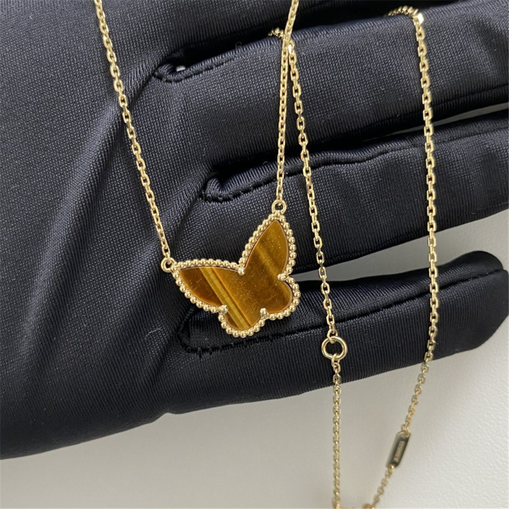 Replica Van Cleef Arpels Lucky Alhambra Butterfly Pendant 18K Yellow Gold Tiger Eye Design Your Own Real 18K Gold and GIA Diamond Luxury Brand Jewelry in Original Factory Like Cartier Van