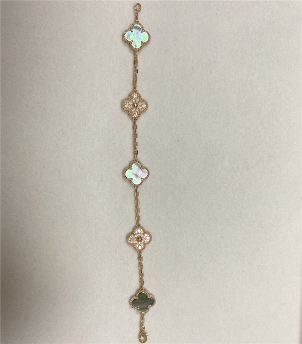 Replica Van Cleef Arpels Vintage Alhambra Bracelet 5 Motifs 18K Rose Gold Diamond Mother of Pearl