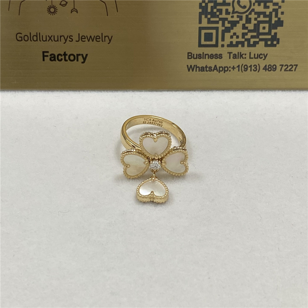 VCA Sweet Alhambra Effeuillage Ring 18K Yellow Gold Diamond Mother of Pearl VCARN5P300 Design Your Own Real 18K Gold and GIA Diamond Luxury Brand Jewelry in Original Factory Like Cartier Van