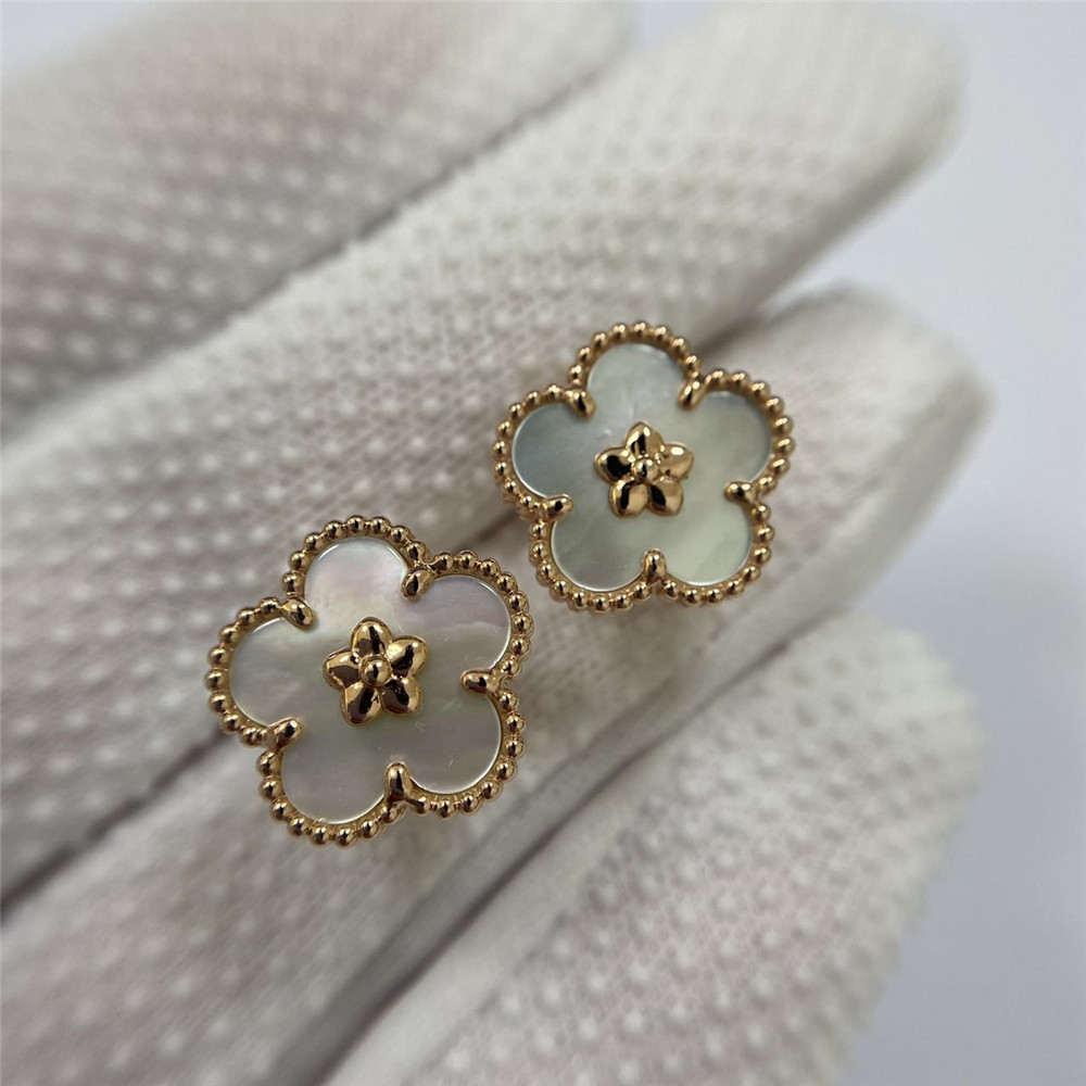 VCA Lucky Spring 18K Rose Gold Mother of Pearl Plum Blossom Earrings VCARP7RU00